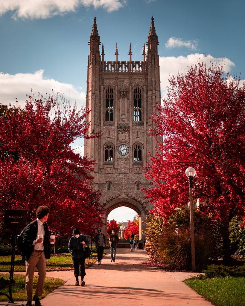 memorial union, red fall leaves, students walking